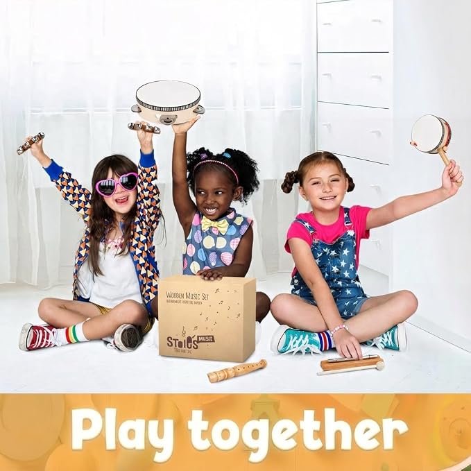 Stoie’s Wooden Musical Instruments for Toddlers Ages 3+, Montessori Music Toy Set for Kids with Drum, Tambourine, Maracas, Bells & Flute, Educational Preschool Toys for Boys & Girls