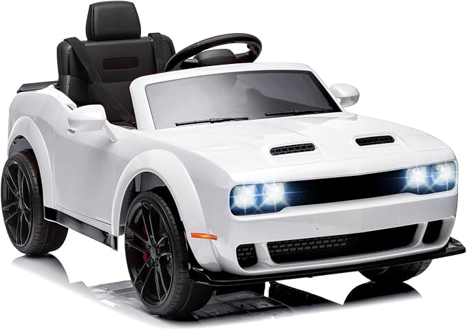 12V Kids Car, Licensed Dodge Challenger Electric Car for Kids, Battery-Powered Toy Car with Remote Control, LED Headlights, Music, Suspension, Double Doors, Safety Belt, Ride On Car for Boys & Girls