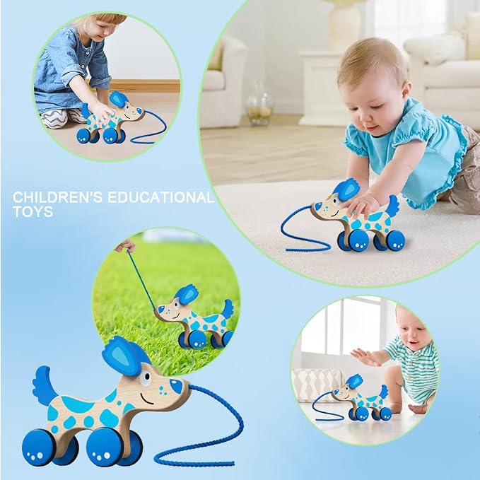 Wooden Pull Dog Toy Wooden Walk Pull Along Toy with String Toy Montessori Toddler Pull Toys for Walking Toddlers
