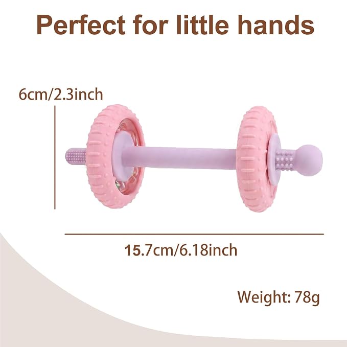 Baby Teething Toys Baby Rattle Teething Straw 3-in-1 Barbell-Shaped, Made from Silicone, Built-in Toothbrush Head and Nipple Shape, Bpa-Free, Phthalate Free, Professionally Certified, Pink