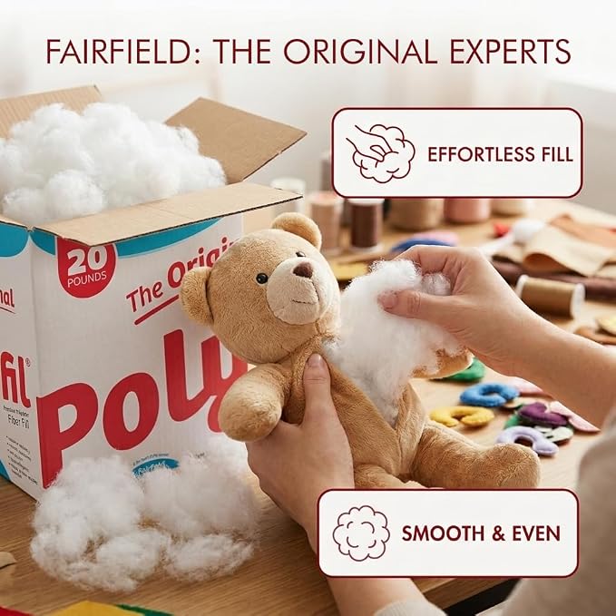 Fairfield The Original Poly-Fil, Premium Polyester Fiber Fill, Soft Pillow Stuffing, Stuffing for Stuffed Animals, Toys, Cloud Decorations, and More, Machine-Washable Poly-Fil Fiber Fill, 20 lbs. Box