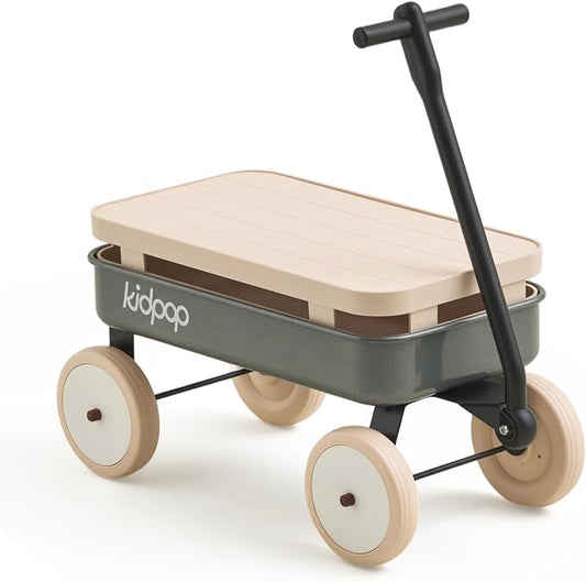 Kidpop Kids First Pull-Along Wagon with Removable Cover and Basket for Storage, 4-in-1 Push Pull Toy Cart for Toddlers, Lightweight (5.5 lbs), 1st Birthday Gift (Grey)