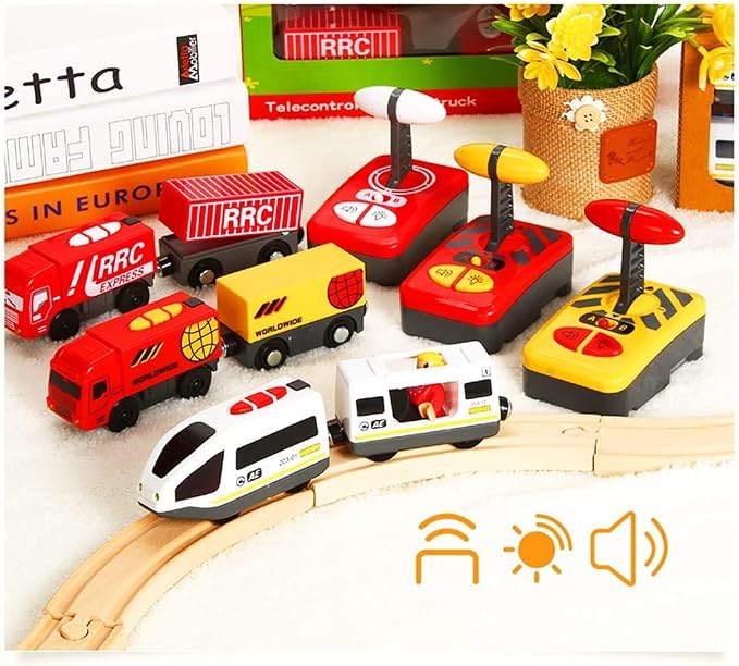 Remote Control Train for Wooden Track – White Bullet Locomotive with Opening Carriage & Action Figure, Lights & Sounds, Touch & Remote Control, Compatible with Thomas & Brio, Gift for Kids 3+