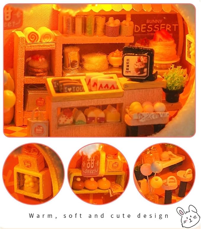 Miniature Dollhouse Kit DIY Wooden Dolls House,Tiny House kit with Furniture, Great Handmade Crafts Gift for Birthday Valentine's Day (Rabbit Dessert Shop)
