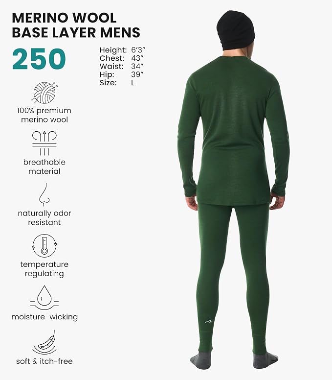 Merino.tech Merino Wool Base Layer Mens Set - Heavyweight, Midweight, Lite Merino Wool Thermal Underwear For Men Top, Bottom