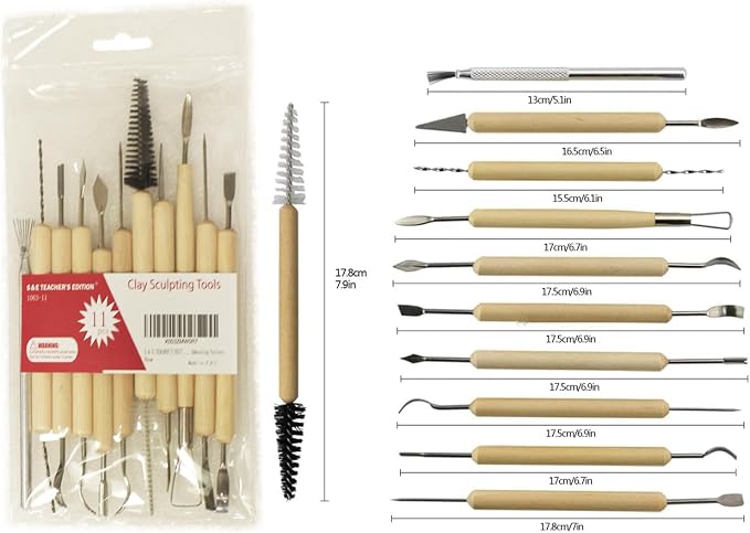 S & E TEACHER'S EDITION 11 Pcs Pottery & Clay Sculpting Tools, Double-Sided, Ceramics Tools Smooth Wooden Handles for Trimming, Embossing Pattern.