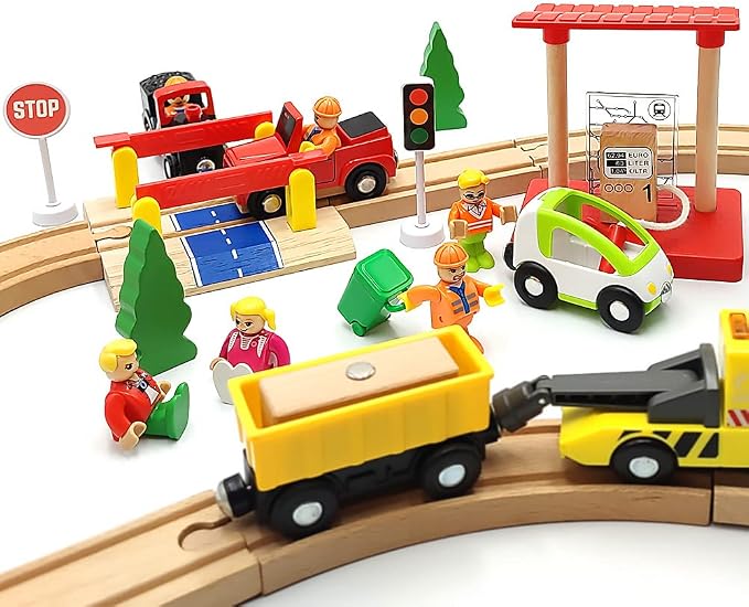 Wooden Crane Toy Set with Train Cars - Compatible with Major Wooden Rail Brands - Ages 3-5