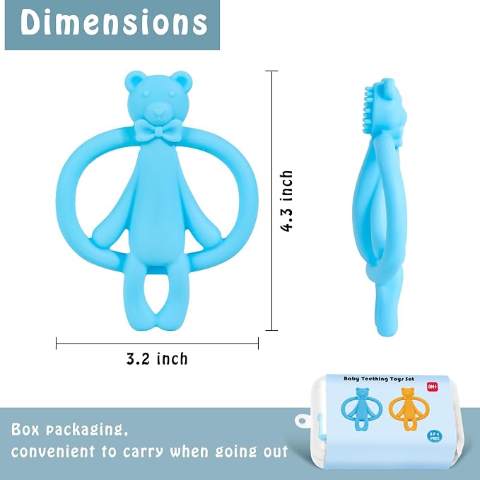2 Pack Baby Teething Toys for 0-6 6-12 Months, Silicone Baby Bear Teether, Easy to Grip Teether for Babies Infants Boys Girls, BPA Free, Blue and Yellow