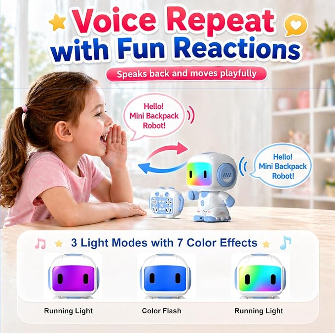 Robot Toys for Kids Ages 3-6, Mini Backpack Remote Control Robot with Voice Recording & Repeat, LED Light-Up Face, Music Dance, Programmable Actions, STEM Toy Gifts for Boys Girls