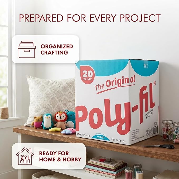 Fairfield The Original Poly-Fil, Premium Polyester Fiber Fill, Soft Pillow Stuffing, Stuffing for Stuffed Animals, Toys, Cloud Decorations, and More, Machine-Washable Poly-Fil Fiber Fill, 20 lbs. Box