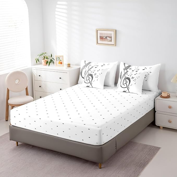 Feelyou Music Comforter Set with Sheets King Size Guitar Bed in a Bag for Boys Girls Teens White 7 Pieces Bedding Set Soft Lightweight Microfiber