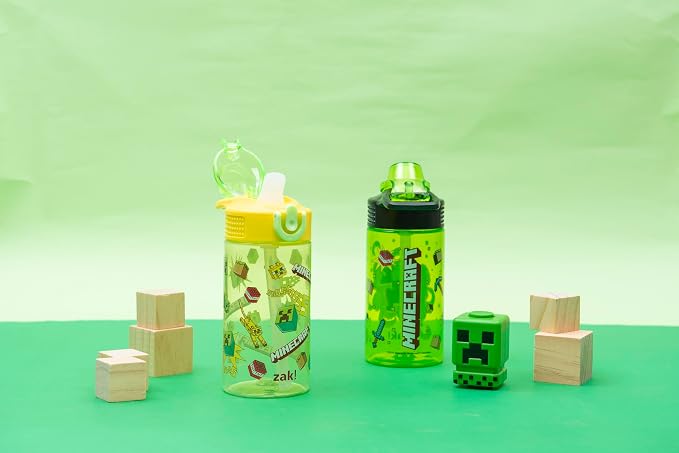 Zak Designs Minecraft Sage Kids Water Bottle For School or Travel, 16oz Durable Plastic Water Bottle With Straw, Handle, and Leak-Proof, Pop-Up Spout Cover, 2-Pack Set (Creeper)