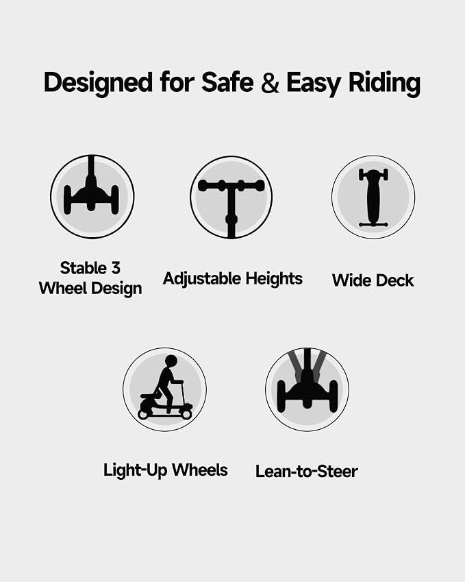 3 Wheel Kick Scooter for Kids, Adjustable Height Foldable Toddler Scooter, Stable Lean-to-Steer Wide Standing Board Scooters