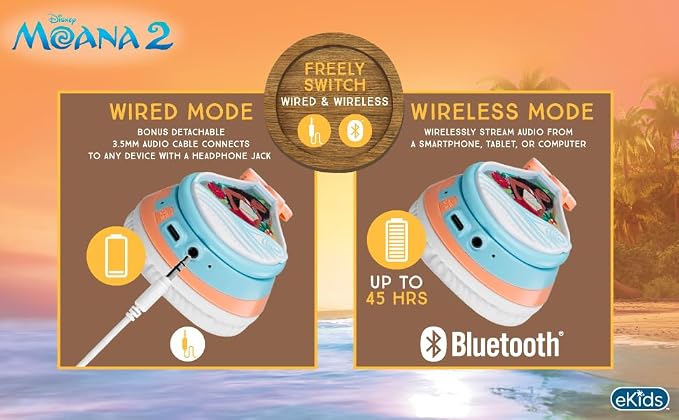 Moana 2 Bluetooth Headphones for Kids. Wireless Headphones for School, Home or Travel