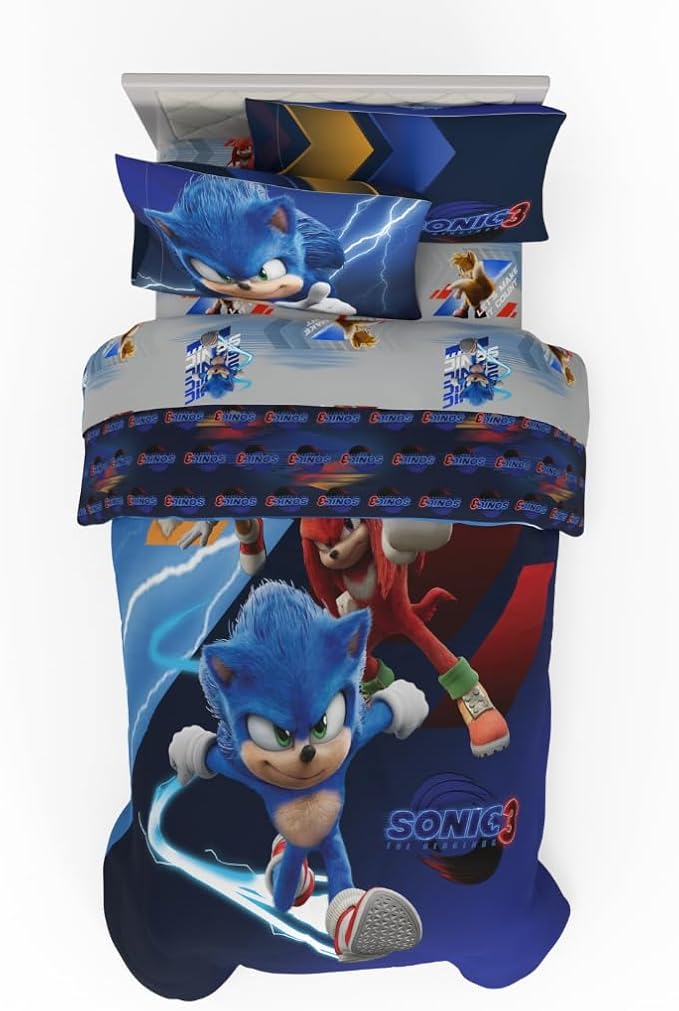 Sonic The Hedgehog 3 Movie Kids Bedding Super Soft Comforter and Sheet Set, 4 Piece Twin Size, (Officially Licensed Product) By Franco