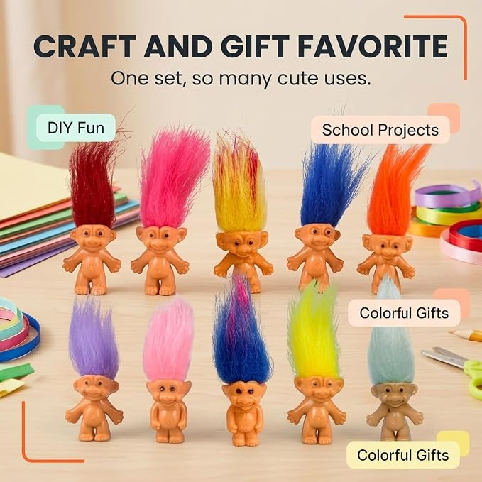 10PCS Mini troll Dolls, Assorted Hair Colors Vintage troll Dolls Action Figures 1.2" Cake Toppers Chromatic Adorable Cute Little Guys Collection, School Project, Arts Crafts, Party Favors