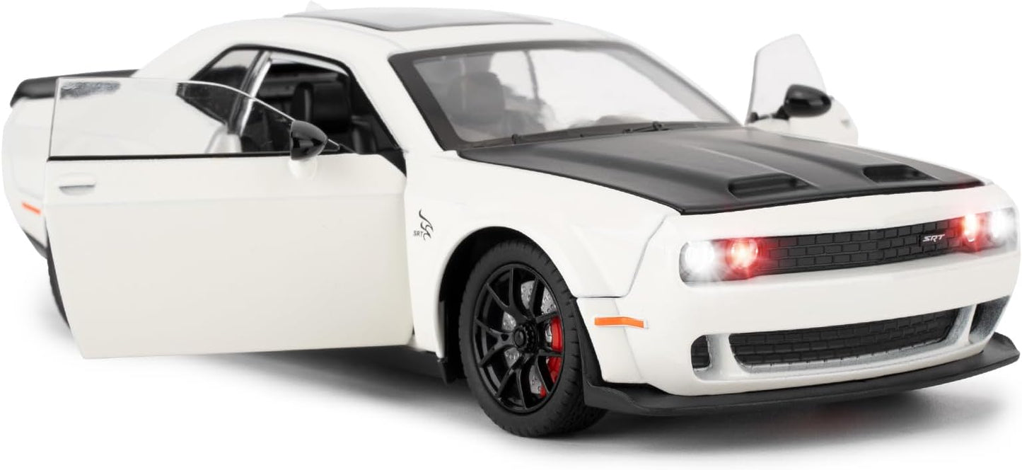 Compatible for 1/24 Dodge Challenger SRT Hellcat Car Model, Collectible Die-Cast Model Car with Lights and Sounds,Pull Back Car Toy for Adults Kids Birthday Gifts Decoration (White)