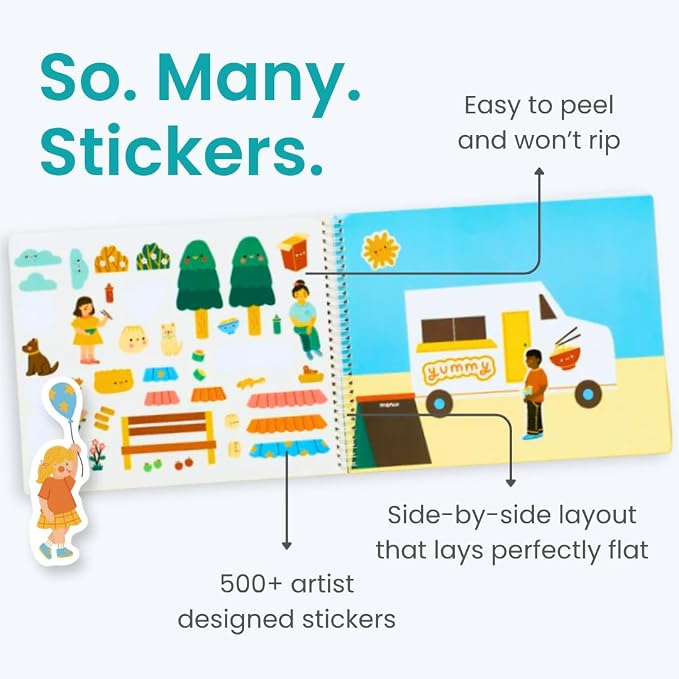 Food Truck Adventure 500+ Kids Sticker Book by Cupkin Fun Toddler Travel Activity Coloring and Sticker Book, Road Trip Essentials, 12 Coloring Pages + 12 Scenes for Ages 2–8 Years