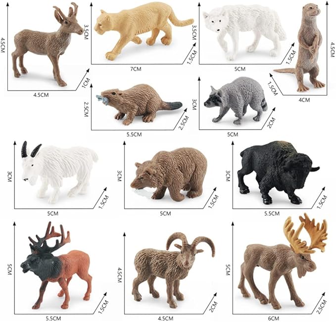 NatureMan North American Animals Set 12PCS Mini Wild Animals Figurines Set cludes Moose Raccoon Cougar, Wolf, Beaver for Children Educational Toy Cake Toppers