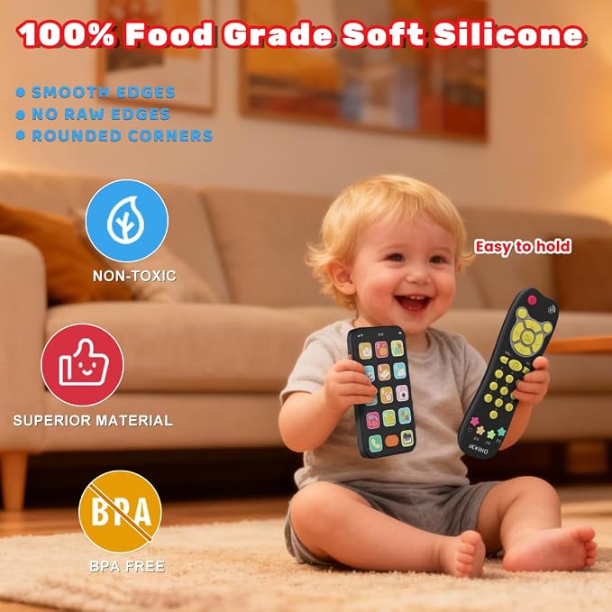 Baby Phone TV Remote Toy Set, Bilingual Play Phones Toy Remote for Baby with Music Light for 6+ Months, Early Learning Baby Toys Gift for 1 Year Old Boys Girls Toddler Infant, English/Spanish, Black