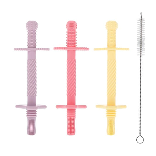 Nuby Sensory Silicone Tube Teethers - (3 Pack) Textured Infant and Baby Teether Toys - 3+ Months - Purple, Pink, and Yellow
