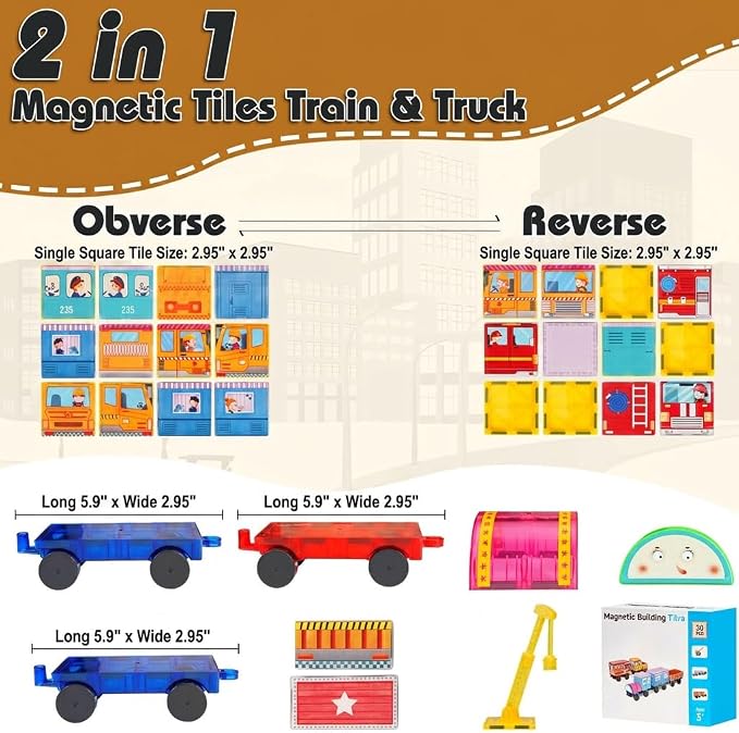 Magnetic Tiles Cars Construction Set for Kids, 30PCS Magnetic Building Tiles with 3 Car Bases & Crane, Train and Truck Magnet Blocks STEM Toys for Boys Girls Ages 3-8