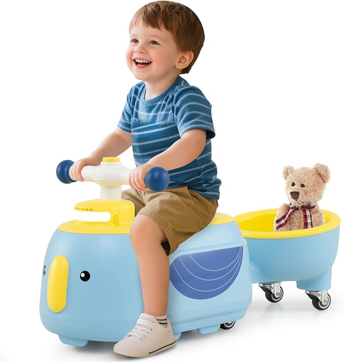 HONEY JOY Ride On Push Car with Trailer, Indoor Outdoor Toddler Riding Toys w/Under-seat Storage, LED Light, Music, Foot-to-Floor Sliding Car, No Battery Baby Ride On Toys for Boys and Girls (Blue)