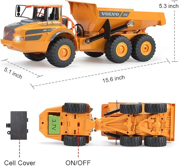 DOUBLE E Volvo RC Dump Truck Toy for Kids, Articulated Hauler, Remote Control Construction Toys Vehicles with Lights, Birthday Gifts Ideas for Boys Age 6 7 8 9 10 Year Old and up