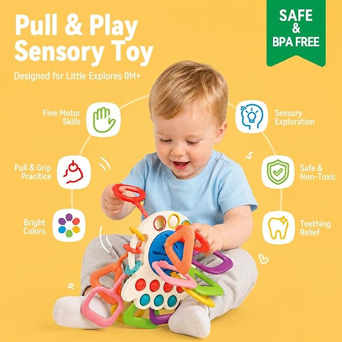 Baby Toys 6-12 Months, Montessori Silicone Pulling Toy for Babies, 6 in 1 Pull String Sensory Toy, Baby Teething Toy, Car Seat & Stroller Toys, Gift for 1 Year Old Boy Girl