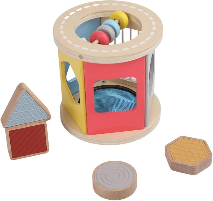 Montessori Toys for 1 Year Old, Wooden Rolling Shape Sorter‒4 Pcs Silicone Sensory Blocks, Developmental Learning Toy for Baby 12 Months, Color Sorting Activity for Toddlers Boys & Girls