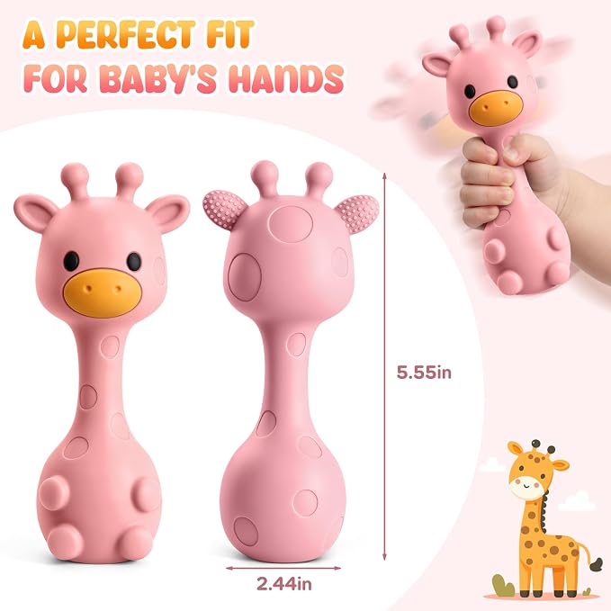 Baby Rattles Teething Toys 3-6 6-12 Month, Multi-Functional BPA-Free Silicone Teether Toys for Teething Relief & Sensory Rattle Play, Perfect Infant Newborn Toys & Baby Gifts (Rose Pink)