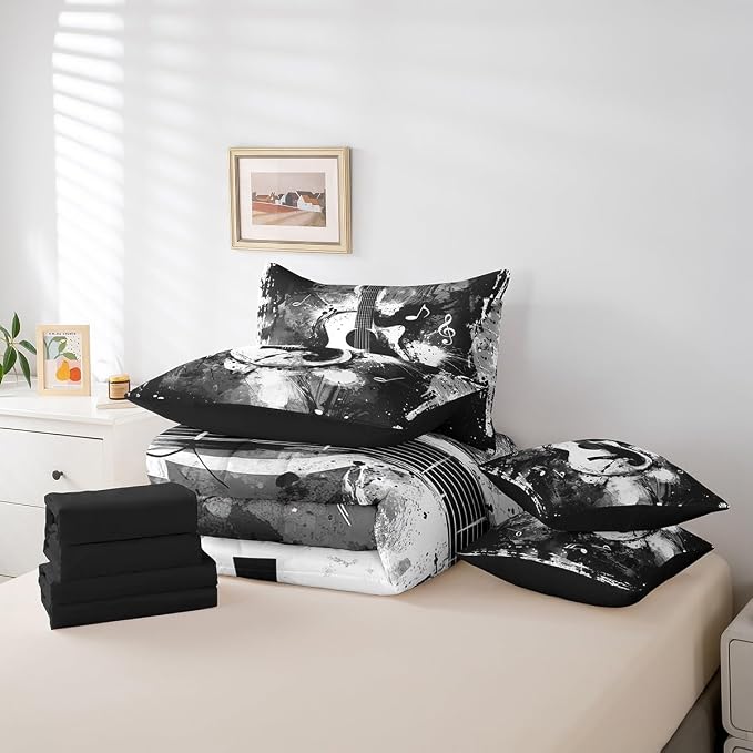 Feelyou Guitar Comforter Set with Sheets King Size Rock Music Bed in a Bag for Boys Girls Teens Black Gray 7 Pieces Bedding Set Soft Lightweight Microfiber