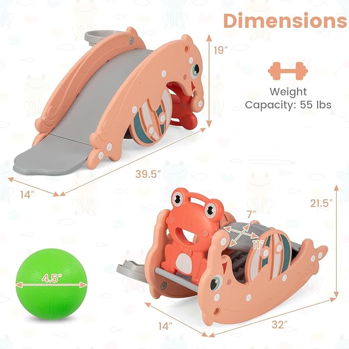 Costzon 4 in 1 Toddler Slide Rocking Toy, Slide for Kids with Basketball Hoop, Rocking Horse, Climber Playground Kids for Both Indoors Outdoor Use (Pink Frog)