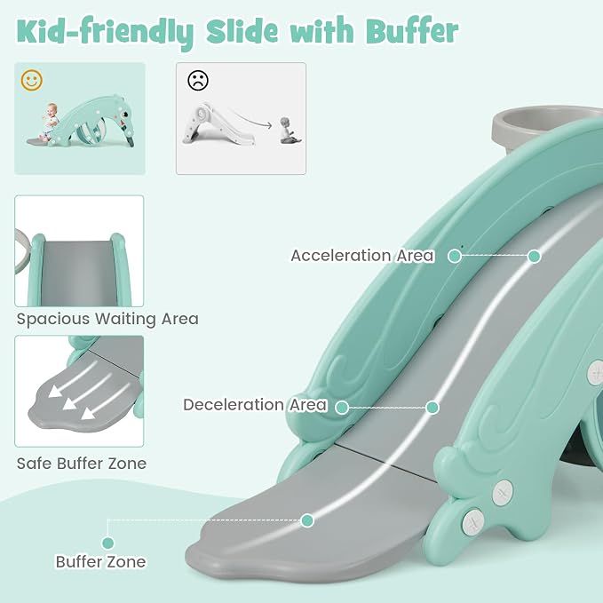 Costzon 4 in 1 Toddler Slide Rocking Toy, Slide for Kids with Basketball Hoop, Rocking Horse, Climber Playground for Both Indoors Outdoor Use (Green Frog)
