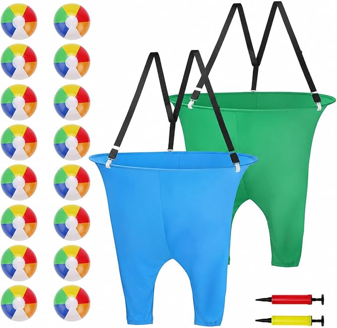 2 Pcs Granny Pants Yard Game with Suspenders, 16 Bouncy Balls & 2 Pumps - Hilarious Outdoor Party Game for Adults, Kids, Family Reunions & Field Days