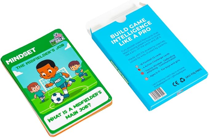 Soccer IQ Cards by Football IQ Pack– Game Intelligence Cards for Kids Ages 5–11 | Learn Mindset, Defending, Attacking & Communication | (Midfielder Edition)