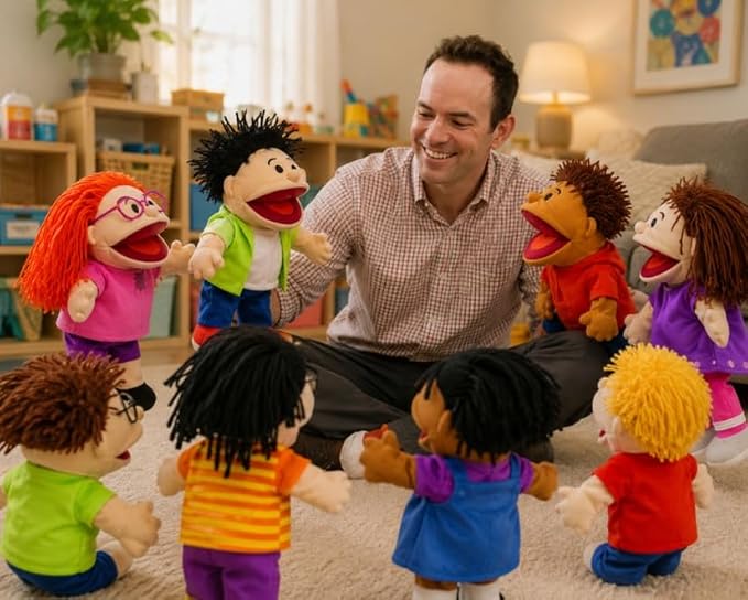Fun Express Hand Puppets for Kids - 8 Multicultural Plush Puppets with Movable Mouths for Speech Therapy, Social Emotional Learning & Dramatic Play | 14 Inch Educational Toys for Classroom & Home Use