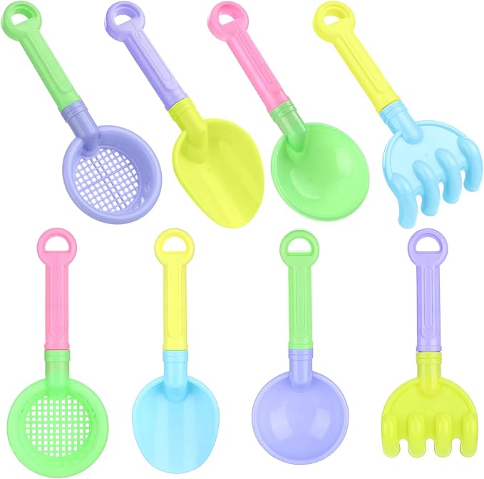 Skylety 8 Pieces Sand Shovels for Kids Colorful Plastic Rake Summer Beach Sand Sifter Shovel for Planting Digging Garden Tool Travel Beach Essentials