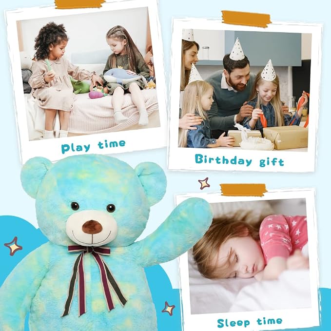 Tezituor 52in Giant Teddy Bear,Big Stuffed Animal Plush,Rainbow Green Soft Gifts for Valentine, Christmas, Birthday,Life Size Plush Toys for Grils Boys Girlfriend,Blue Green