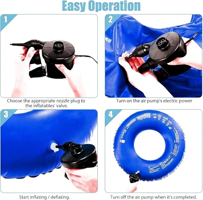 Air Pump Portable Quick-Fill Air Pump with 3 Nozzles,5kPa for Inflatables Mattress Pool Floats Toy Water Raft Bed Boat Pool Toy with 110 US Adaptor and Car-Powered 12v-DC