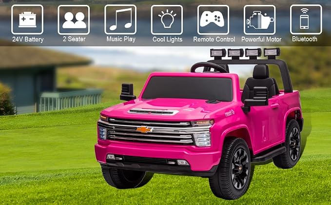 24V Ride on Toys for Kids, Chevrolet Silverado 2 Seater Ride on Car for Kids Remote Control Kids Electric Cars Kids Driving Car with Bluetooth, Power of Wheel Car for Kids Truck for All Types of Road