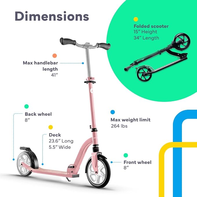 LaScoota Kick Scooter for Kids Ages 6+, Teens & Adults, Large 8" Sturdy Urethane Wheels. Adjustable Handlebar, Lightweight, Foldable, 220lbs Max Load
