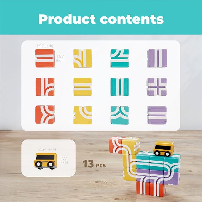 QBI Magnetic Blocks for Toddlers 1-3｜School Bus Toy Set with 12 Pastel Track Cubes｜STEM Montessori Educational Toys for 1 Year Old Boys & Girls｜Safe Large Building Bricks (13 Pieces Starter Pack)