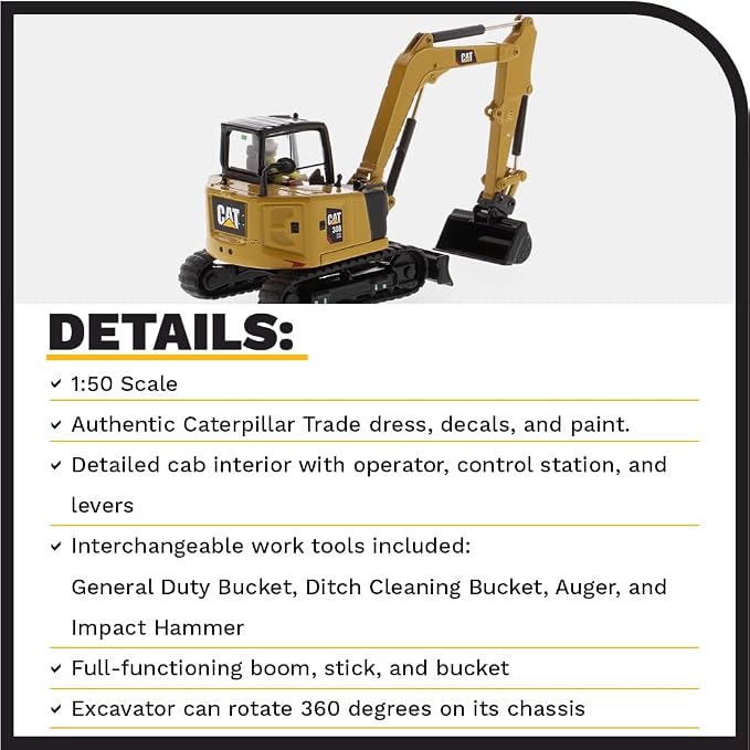 Diecast Masters 1:50 Scale Caterpillar 308 CR Mini Hydraulic Excavator | High Line Series Cat Trucks & Construction Equipment | Model 85596
