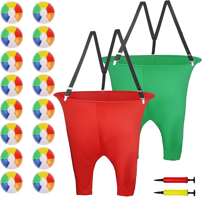 2 Pcs Granny Pants Yard Game with Suspenders, 16 Bouncy Balls & 2 Pumps - Hilarious Outdoor Party Game for Adults, Kids, Family Reunions & Field Days