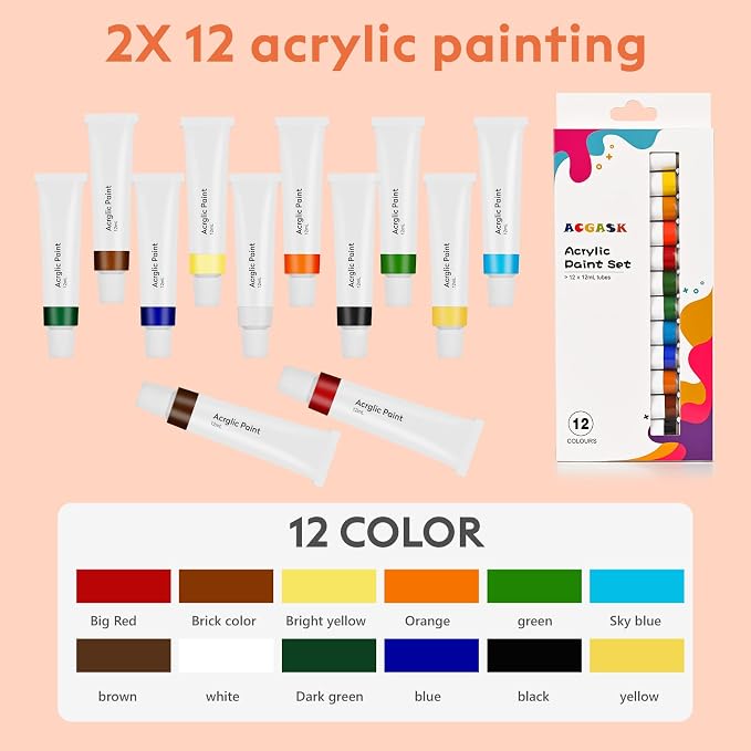 54 Pieces Acrylic Paint Set for Kids,Arts and Crafts Gifts ,Arts Supplies and Painting Kits for Kids with 8 Canvas Panels,2X 12 Paints,2 Art Smocks,2 Easels,Etc,Christmas Gifts