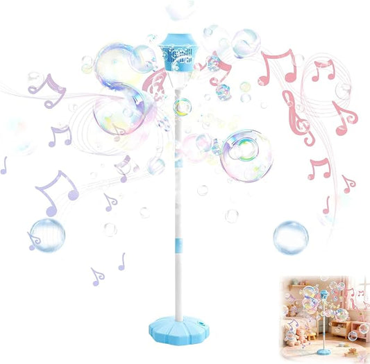 New Bubble Machine, 47in Rechargeable Automatic Bubble Maker with Light Music, 3 Level Heights Adjustable, Detachable Bubble Wand for Outdoor Party Wedding, Includes Bubble Solution (Blue)