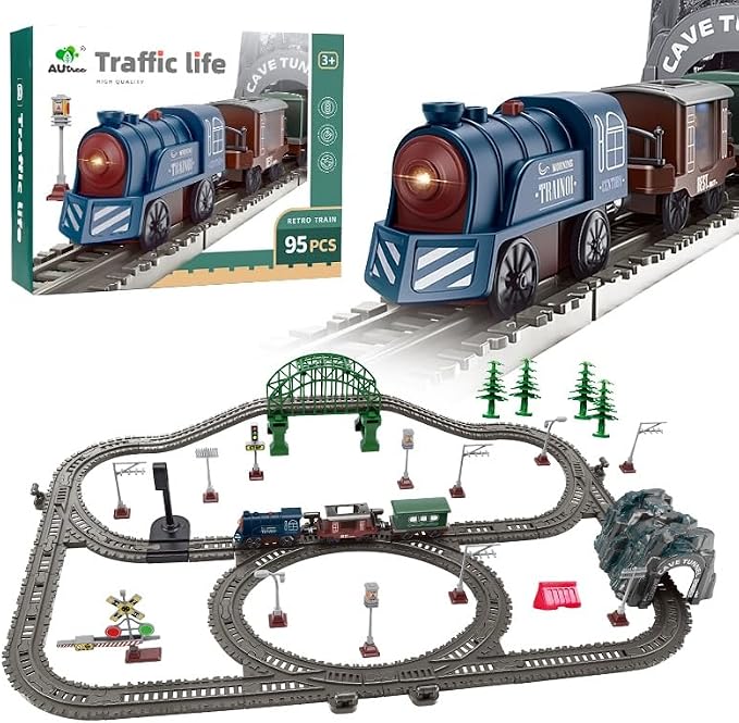 Train Toy Set for Kids Ages 3-8 | 95PCS Magnetic Electric Train Set with Tracks & Light-Up Traffic Light | Battery Powered, Compatible with Thomas, Brio