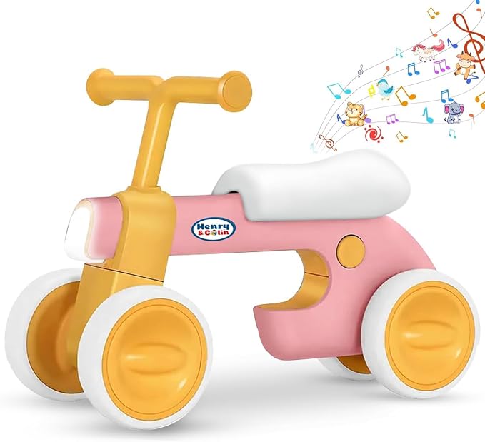 Henry & Colin First Balance Bike for 1 Year Old, 4 Wheel Toddler Bike with Fun Lights & Music, Soft Seat, No-Pedal Ride On Toy, 1st Birthday Gift for Boys & Girls Ages (12–36 Months) Classic Pink