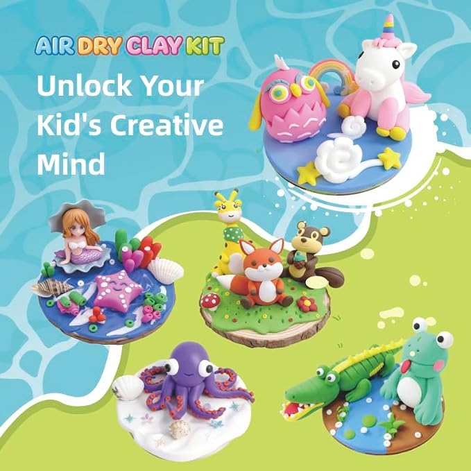 Air Dry Clay Kits for Kids,Animal & Ocean Theme,Modeling Clay for Kids, DIY Model Magic Clay with Sculpting Tools and Tutorials,20 Boxes Molding Clay,Ultra Light,Soft & Non-Sticky,Arts and Crafts Gift